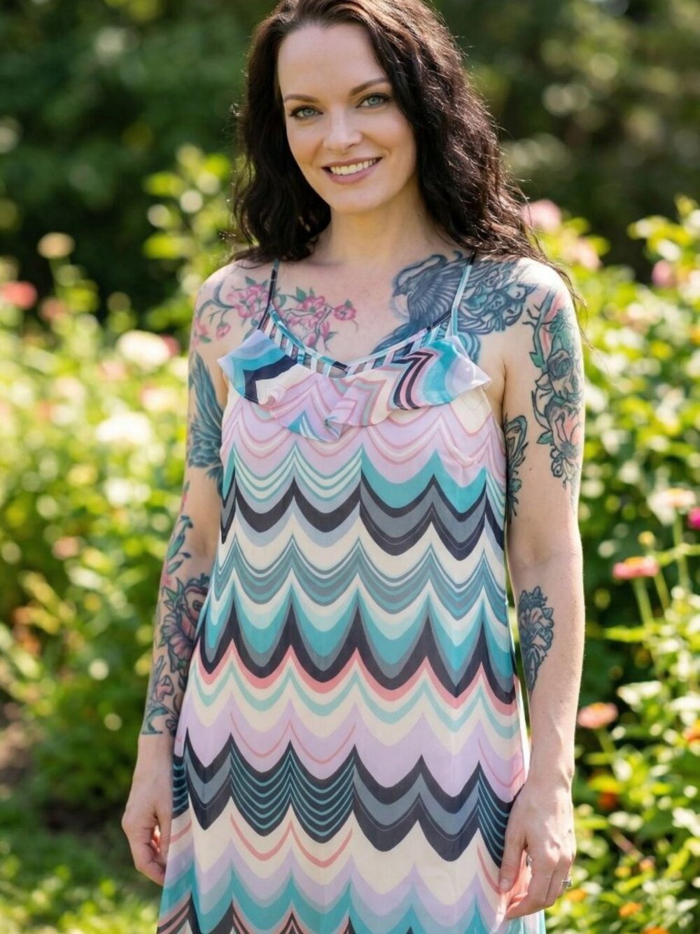 Lauren Conrad ✦ Pastel Chevron Sleeveless Dress ✦ Ruffled Neckline Strappy Back